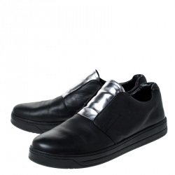 Pre Owned Prada Black/Silver Leather Slip On Sneakers Size 39.5