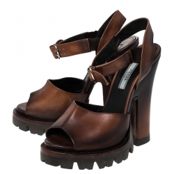 Pre Owned Prada Brown Leather Platform Ankle Strap Sandals Size 37