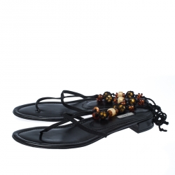 Pre Owned Prada Black Suede Leather Embellished Ankle Wrap Thong Flat Sandals Size 41