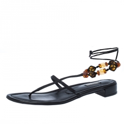 Pre Owned Prada Black Suede Leather Embellished Ankle Wrap Thong Flat Sandals Size 41