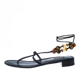 Pre Owned Prada Black Suede Leather Embellished Ankle Wrap Thong Flat Sandals Size 41