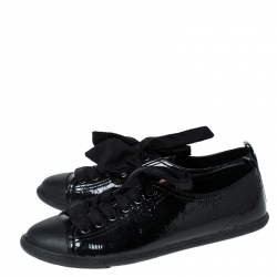 Pre Owned Prada Black Crumbled Patent Leather And Rubber Cap Toe Lace Up Sneakers Size 40.5