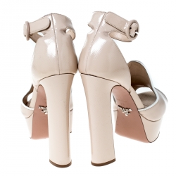 Pre Owned Prada Beige Patent Leather Platform Ankle Strap Sandals Size 35