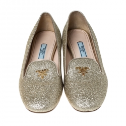 Pre Owned Prada Gold Glitter Logo Smoking Slippers Size 36