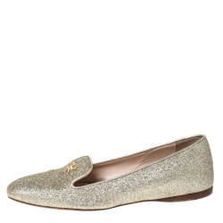 Pre Owned Prada Gold Glitter Logo Smoking Slippers Size 36