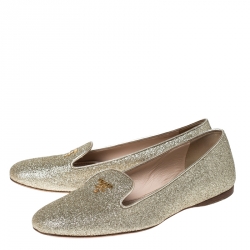 Pre Owned Prada Gold Glitter Logo Smoking Slippers Size 36