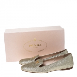 Pre Owned Prada Gold Glitter Logo Smoking Slippers Size 36