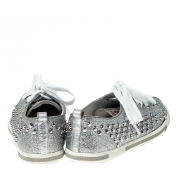 Pre Owned Prada Silver Glitter Stud Low Top Sneakers Size 37