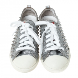 Pre Owned Prada Silver Glitter Stud Low Top Sneakers Size 37
