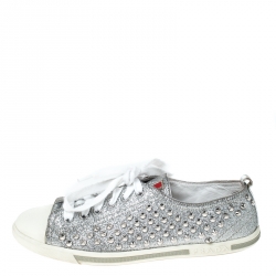 Pre Owned Prada Silver Glitter Stud Low Top Sneakers Size 37