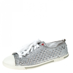 Pre Owned Prada Silver Glitter Stud Low Top Sneakers Size 37