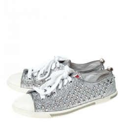 Pre Owned Prada Silver Glitter Stud Low Top Sneakers Size 37