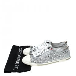 Pre Owned Prada Silver Glitter Stud Low Top Sneakers Size 37