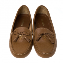 Pre Owned Prada Brown Saffiano Leather Bow Detail Loafers Size 39.5