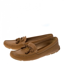 Pre Owned Prada Brown Saffiano Leather Bow Detail Loafers Size 39.5