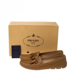 Pre Owned Prada Brown Saffiano Leather Bow Detail Loafers Size 39.5
