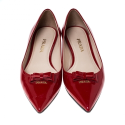 Pre Owned Prada Red Patent Leather Bow Pointed Toe Ballet Flats Size 38
