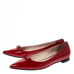 Pre Owned Prada Red Patent Leather Bow Pointed Toe Ballet Flats Size 38