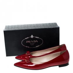 Pre Owned Prada Red Patent Leather Bow Pointed Toe Ballet Flats Size 38