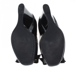 Pre Owned Prada Black Patent Leather Bow Peep Toe Wedge Pumps Size 36