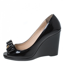 Pre Owned Prada Black Patent Leather Bow Peep Toe Wedge Pumps Size 36