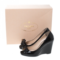 Pre Owned Prada Black Patent Leather Bow Peep Toe Wedge Pumps Size 36
