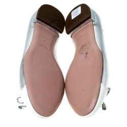 Pre Owned Prada Silver/White Metallic Leather Cap Toe Bow Ballet Flats Size 37