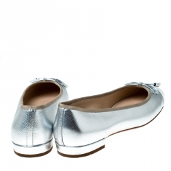 Pre Owned Prada Silver/White Metallic Leather Cap Toe Bow Ballet Flats Size 37