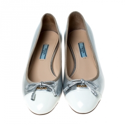 Pre Owned Prada Silver/White Metallic Leather Cap Toe Bow Ballet Flats Size 37