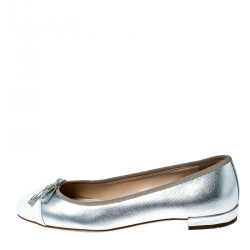 Pre Owned Prada Silver/White Metallic Leather Cap Toe Bow Ballet Flats Size 37