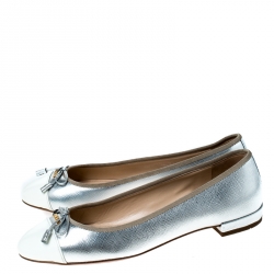 Pre Owned Prada Silver/White Metallic Leather Cap Toe Bow Ballet Flats Size 37