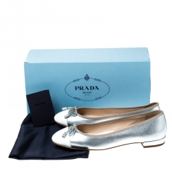 Pre Owned Prada Silver/White Metallic Leather Cap Toe Bow Ballet Flats Size 37