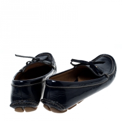 Pre Owned Prada Blue Patent Leather Bow Slip On Loafers Size 37