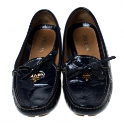 Pre Owned Prada Blue Patent Leather Bow Slip On Loafers Size 37
