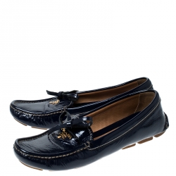 Pre Owned Prada Blue Patent Leather Bow Slip On Loafers Size 37
