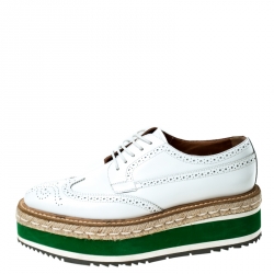 Pre Owned Prada White Brogue Leather Espadrille Platform Lace Up Sneakers Size 38.5