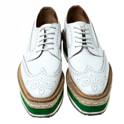 Pre Owned Prada White Brogue Leather Espadrille Platform Lace Up Sneakers Size 38.5