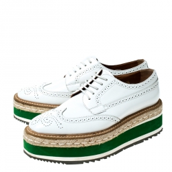 Pre Owned Prada White Brogue Leather Espadrille Platform Lace Up Sneakers Size 38.5