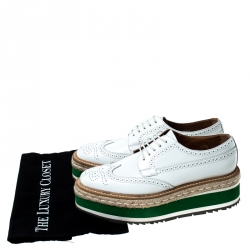 Pre Owned Prada White Brogue Leather Espadrille Platform Lace Up Sneakers Size 38.5