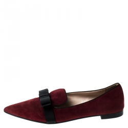 Pre Owned Prada Burgundy Suede Bow Pointed Toe Loafers Size 39.5