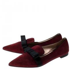 Pre Owned Prada Burgundy Suede Bow Pointed Toe Loafers Size 39.5