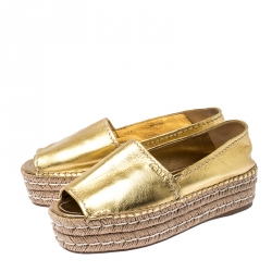 Pre Owned Prada Metallic Gold Leather Open Toe Platform Espadrilles Size 38.5