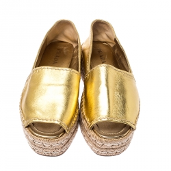 Pre Owned Prada Metallic Gold Leather Open Toe Platform Espadrilles Size 38.5