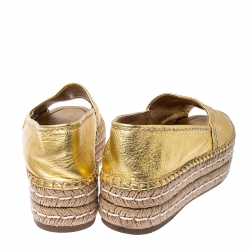 Pre Owned Prada Metallic Gold Leather Open Toe Platform Espadrilles Size 38.5