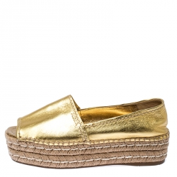 Pre Owned Prada Metallic Gold Leather Open Toe Platform Espadrilles Size 38.5