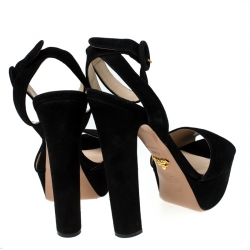 Prada Black Suede Peep Toe Ankle Strap Platform Sandals Size 38.5
