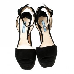 Prada Black Suede Peep Toe Ankle Strap Platform Sandals Size 38.5