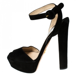 Prada Black Suede Peep Toe Ankle Strap Platform Sandals Size 38.5