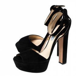 Prada Black Suede Peep Toe Ankle Strap Platform Sandals Size 38.5