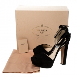 Prada Black Suede Peep Toe Ankle Strap Platform Sandals Size 38.5